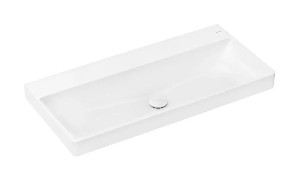 Weißer Waschtisch mit rechteckiger Form und leicht geneigter Fläche, ohne Hahnloch und Überlauf, für die Wandmontage, von Hansgrohe.